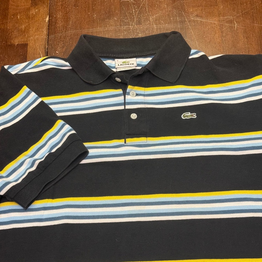 Lacoste Polo Shirt Mens Size 6 XL Black Striped Short Sleeve Crocodile Logo